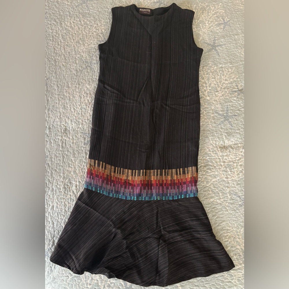 Handwoven Mahota Sleeveless Sheath with Colorful blocking and ruffled hem.